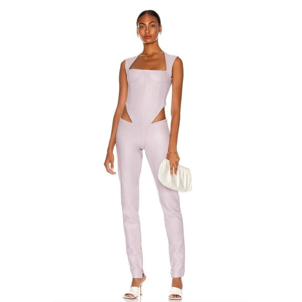 LaQuan Smith Cutout Jumpsuit Lilac Ice Leather L NWT $3200
